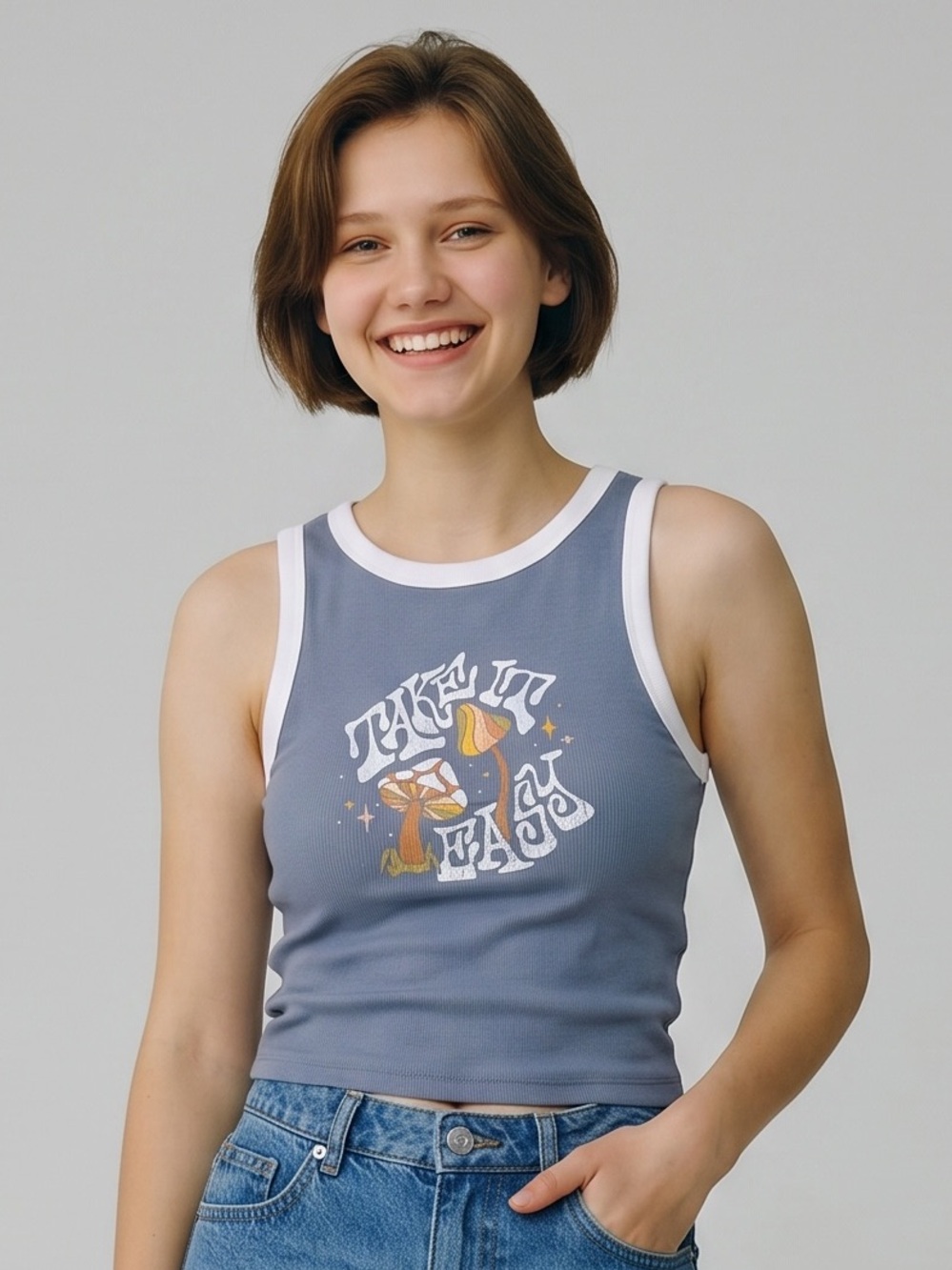 Hollister Take It Easy Mushroom Graphic Ribbed Ringer Tank Top Blue Sleeveless